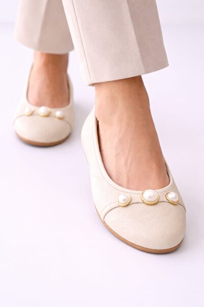 Slipcat حذاء باليه نسائي للمكتب اليومي بمقدمة مستديرة وإبزيم لؤلؤي