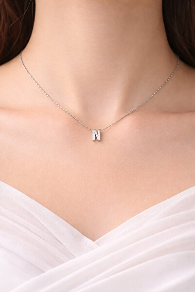 Yush aksesuar N HARFLİ GÜMÜŞ RENK ÇELİK KOLYE