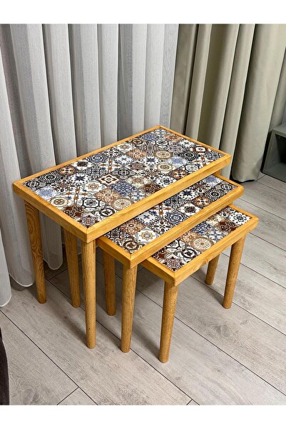 Home Amerikan Ladini Sehpa Seramik Sehpa 3'lü Zigon Sehpa Takımı