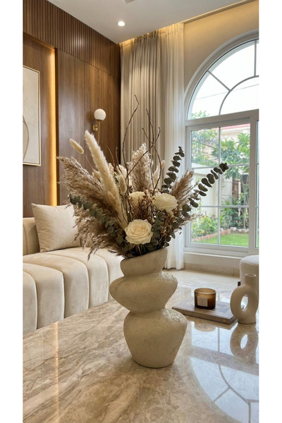 Melse Home's Seramik Dokulu Bej Vazo,Krem Kaya Vazo Bohem