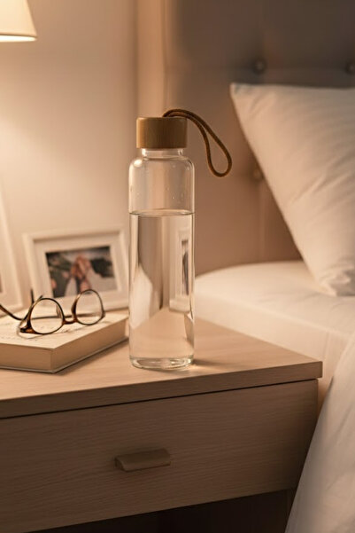 Nuha Home Bambu Kapaklı Cam Matara - Şeffaf / Açık Kahverengi