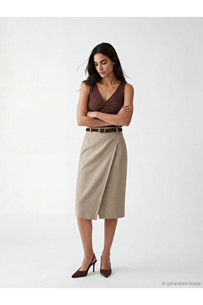 LC Waikiki Esse Collection Beige Belted Pencil Skirt