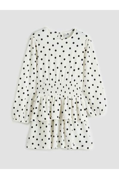 LC Waikiki Rochie pentru fete cu buline, decolteu tip bicicletă, Ecru, Colecț...