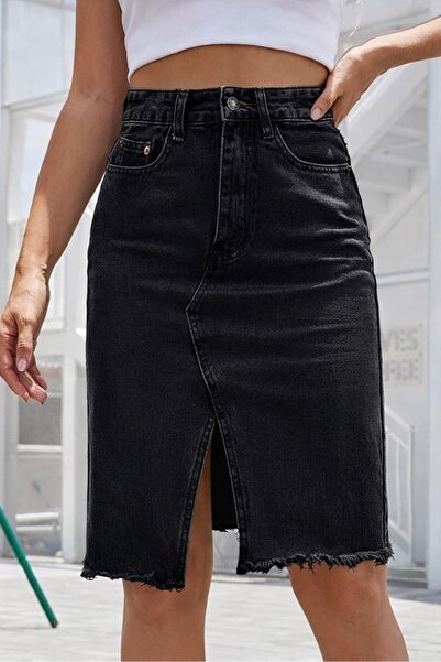 Helen Goods New Season Women's Lycra Denim Skirt with Slit Detail