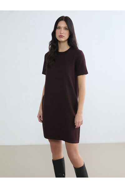 LC Waikiki RMZ FARKIYLA Claret Red Crew Neck Stone Mini Πλεκτό Φόρεμα