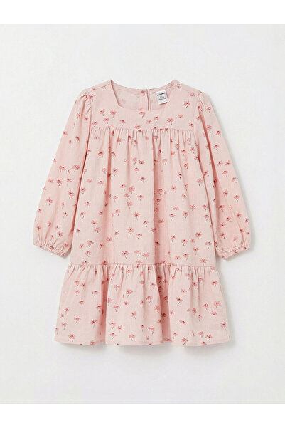 LC Waikiki فستان بناتي من مجموعة إلسيفا باللون الوردي وياقة مربعة مزين بالزهور