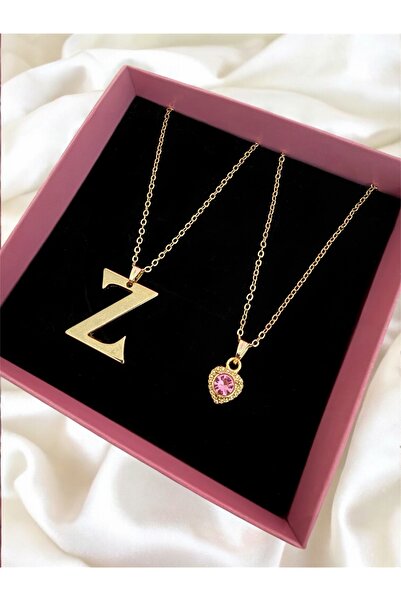 Madam Bikan Gold Renk Çelik Z Harfi Pembe Kalp 2 Li Kombin Harf Kolye
