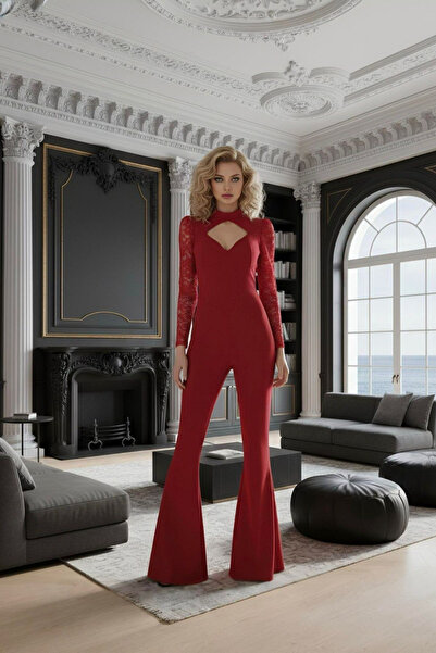 Afitapbutikmoda Dantel Kol Pencere Detay İspanyol Paça Şık Tulum