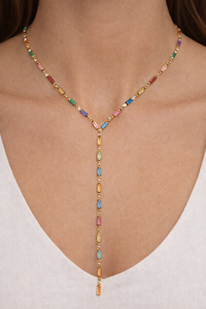 BERUNA Renkli Taşlı Gold Çelik Y Kolye