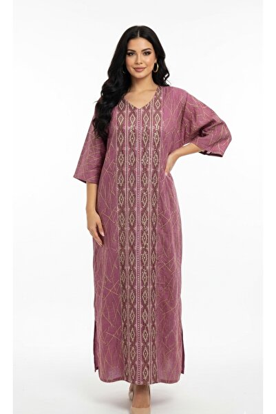 DADO BELLA Pembe Otantik Desenli V Yaka Kaftan Elbise