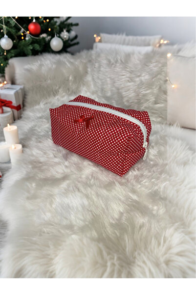 LUMIA ÇEYİZ Polka Dot Red Patterned 100% Cotton Ruffle Makkaj Bag or Organize...