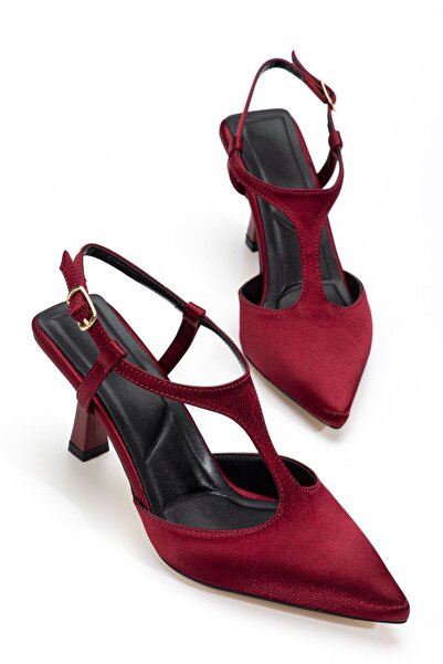Saadet Kaya Butik Women's Burgundy Satin Pointed Toe Thin Heeled Shoes