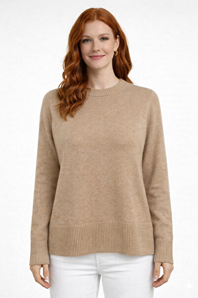 Neden Tekstil Beige Crew Neck Sweater with Ribbed Hem, Comfortable Fit, Knitwear