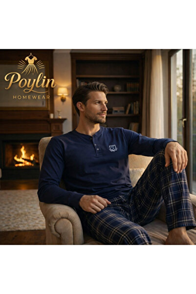 Tarık Erkek Lacivert Düğmeli Hakim Yaka Ekose Desenli Pamuklu Mevsimlik Penye...