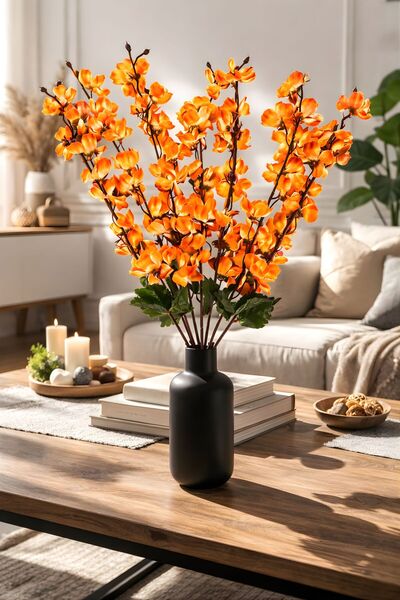 BUSERİSE 1 Adet Yapay Bahar Dalı Japon Kiraz Çiçeği – Sarı-Turuncu 9 Dallı Çi...