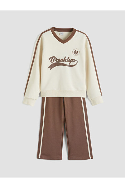 LC Waikiki Ecru Brooklyn με τύπωμα Φούτερ και Φούτερπαντς για κορίτσια