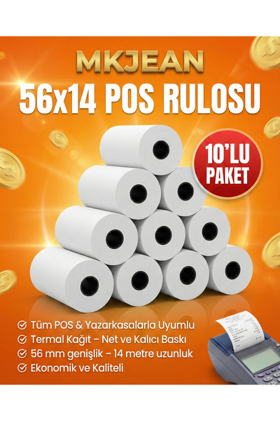 Pos 56x14 Termal Pos Kağıdı Rulosu 10 lu Rulo Tüm Pos Cihazlara Uyumlu