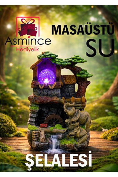 asmince LED Işıklı Fil Figürlü Şelale – Doğal Taş ve Ağaç Detaylı, Su Devirda...