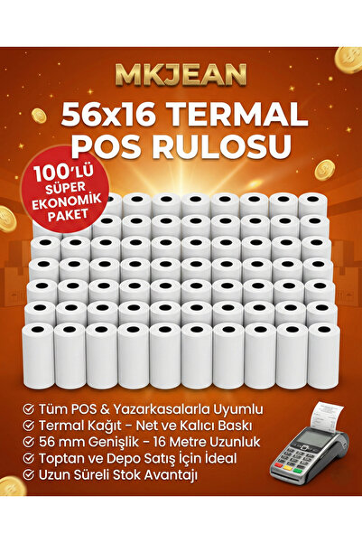 MKJEAN Pos 56x16 Termal Pos Kağıdı Rulosu 100 lu Rulo - Tüm Pos Cihazlara Uyumlu