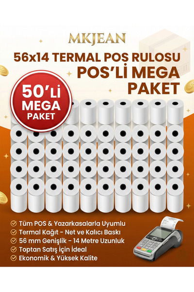 Pos 56x14 Termal Pos Kağıdı Rulosu 50 li Rulo - Tüm Pos Cihazlara Uyumlu