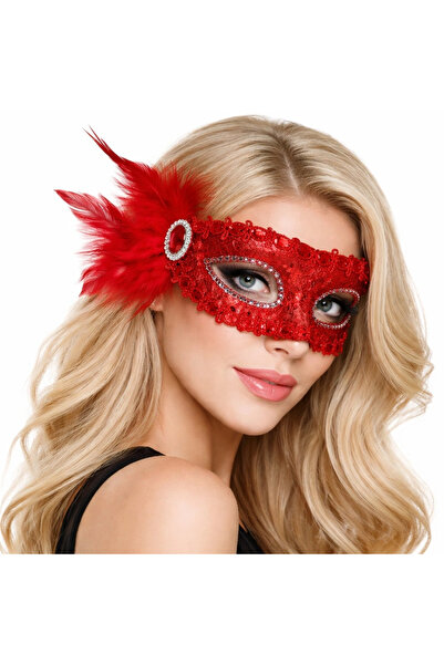 COjans قناع الحفلات على طراز البندقية باللون الأحمر - مزين بالريش والترتر