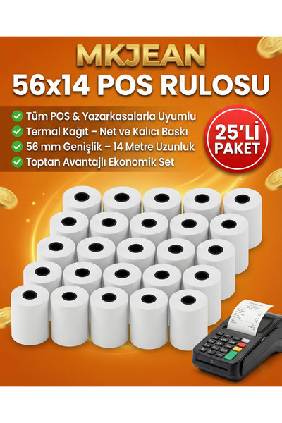 Pos 56x14 Termal Pos Kağıdı Rulosu 25 li Rulo - Tüm Pos Cihazlara Uyumlu