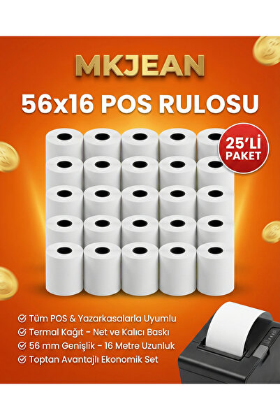 MKJEAN Pos 56x16 Termal Pos Kağıdı Rulosu 25 li Rulo - Tüm Pos Cihazlara Uyumlu