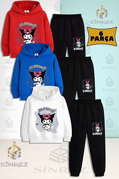 SİNREZ Children's Unisex Kuromi Background I Love You 3-Piece Hooded Tracksui...