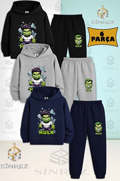 SİNREZ Set de trening cu glugă pentru copii, unisex, HULK GYSILI WALL PIECE T...