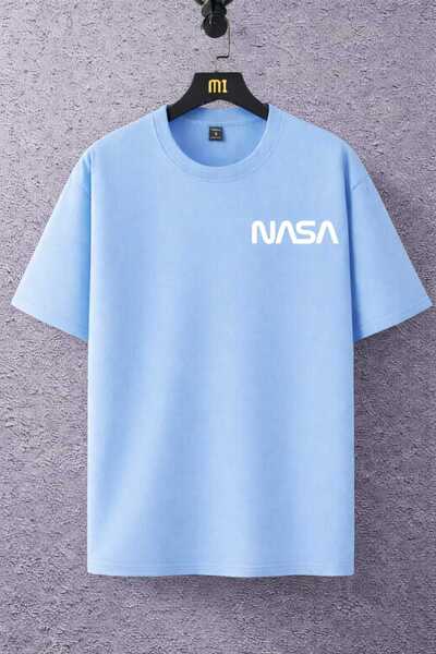 New Shine تي شيرت ناسا مطبوع باللون الأزرق الفاتح للجنسين