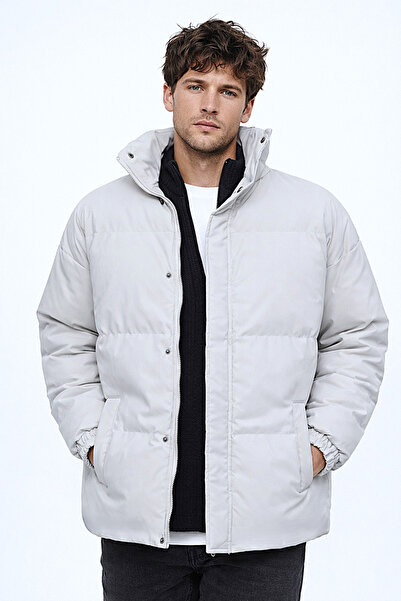 EA LİNE Men's White Premium Fabric Oversize Water and Wind Resistant Winter Coat