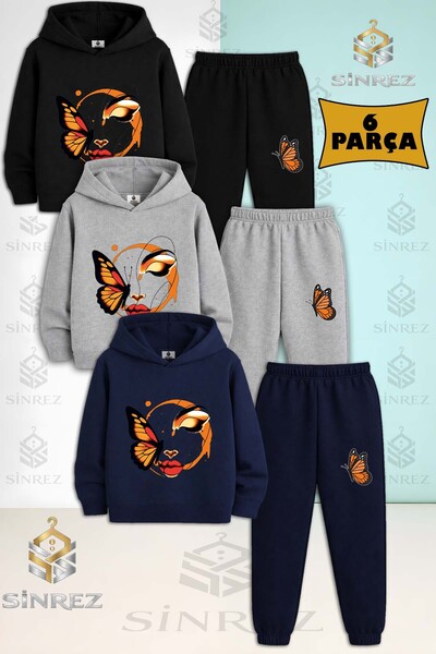 SİNREZ Children's Unisex Butterfly Girl on Face Orange 3-Piece Hooded Tracksu...