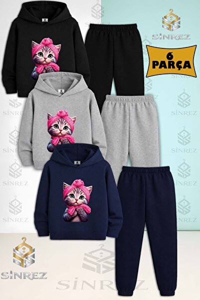 SİNREZ Set de trening cu glugă pentru copii, unisex, CANDY CAT, cu panglică r...