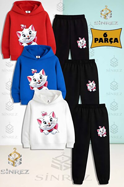 SİNREZ Set de trening cu glugă pentru copii, unisex, cu 3 piese, cu pisică, p...