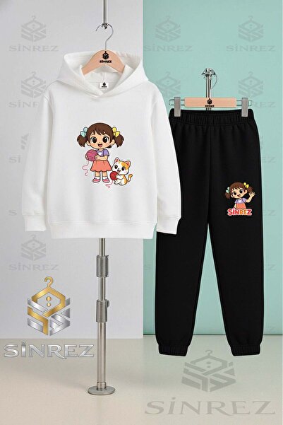 SİNREZ Children's Unisex Girl Cat Ip Printed Hooded Tracksuit Set