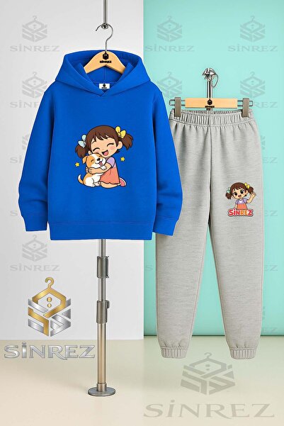 SİNREZ Children's Unisexsinrez Girl Hugging Dog Printed Hooded Tracksuit Set