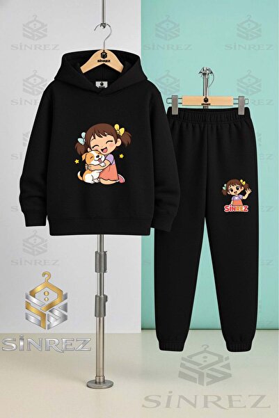 SİNREZ Children's Unisexsinrez Girl Hugging Dog Printed Hooded Tracksuit Set