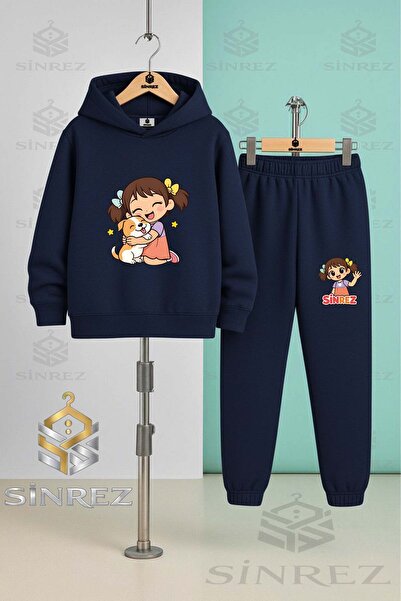 SİNREZ Children's Unisexsinrez Girl Hugging Dog Printed Hooded Tracksuit Set