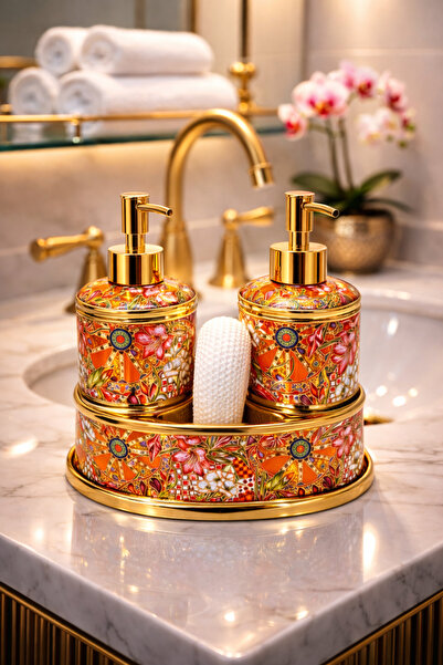 Kezze Lüx Gold Detaylı Porselen 2'li Sıvı Sabunluk Seti- Dekoratif Mutfak Ban...
