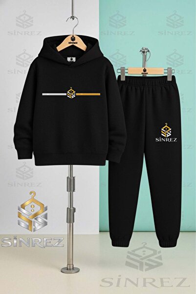 SİNREZ Children's Unisex Logo Yan Single Line Printed Hooded Tracksuit Set