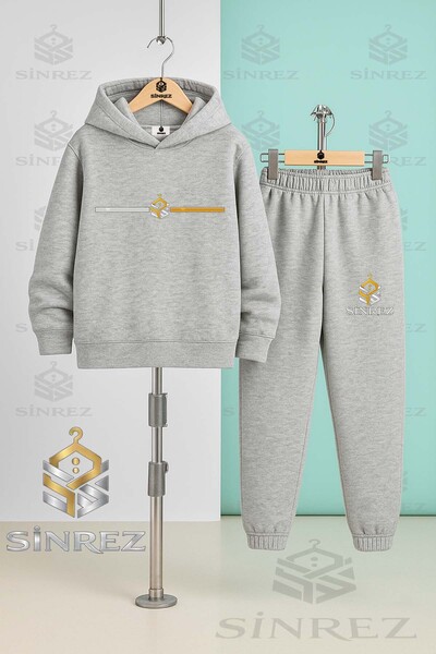SİNREZ Children's Unisex Logo Yan Single Line Printed Hooded Tracksuit Set