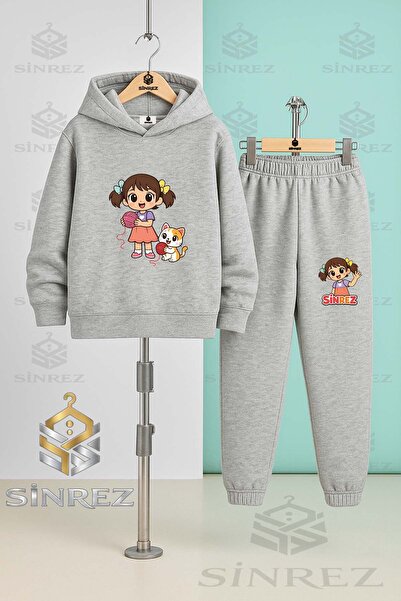 SİNREZ Children's Unisex Girl Cat Ip Printed Hooded Tracksuit Set