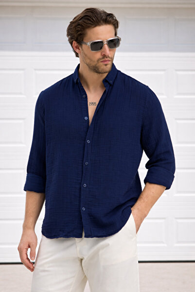 Delpino قميص صيفي طويل الأكمام من الكتان والموسلين