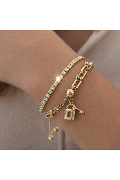 NO BRAND Women's Gold Bracelet Set – Adjustable Tennis Bracelet + Lock and Ke...