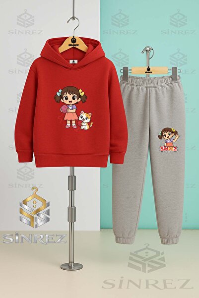 SİNREZ Children's Unisex Girl Cat Ip Printed Hooded Tracksuit Set