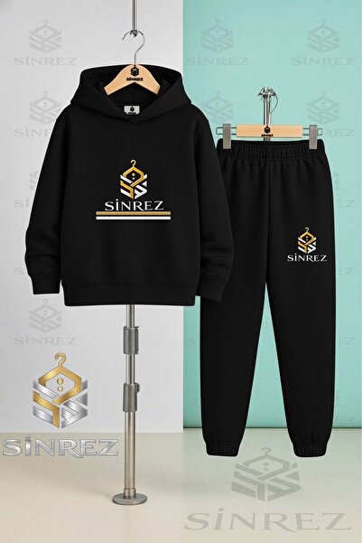 SİNREZ Children's Unisex Logo Two-Line Printed Hooded Tracksuit Set