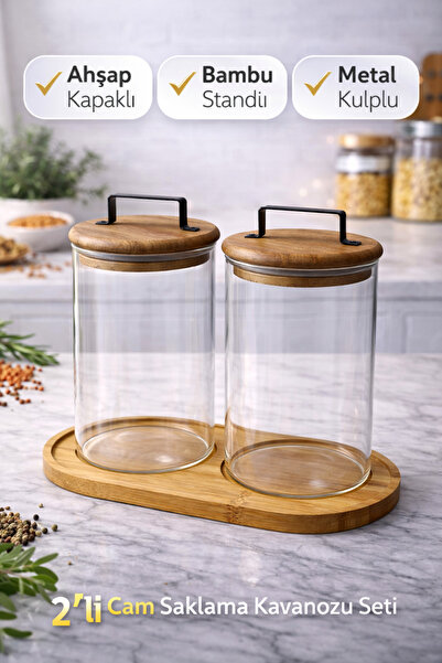 Molansa Living Ahşap Kapaklı Cam Saklama Kavanozu 2’li Set – Metal Kulplu Bam...