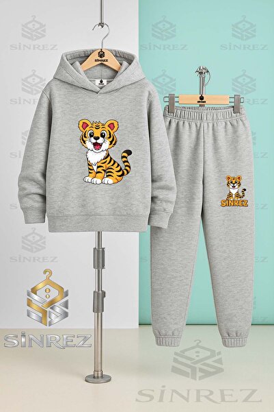 SİNREZ Children's Unisex Tiger Sitting Printed Hooded Tracksuit Set