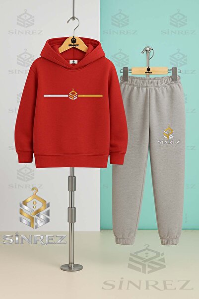 SİNREZ Children's Unisex Logo Yan Single Line Printed Hooded Tracksuit Set