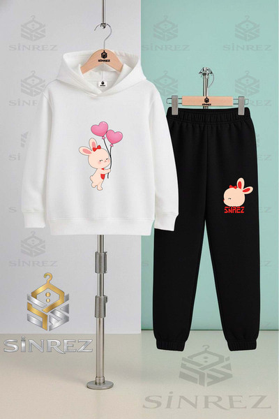 SİNREZ Children's Unisex Tavsan Heart Balloon Onde Printed Hooded Tracksuit Set